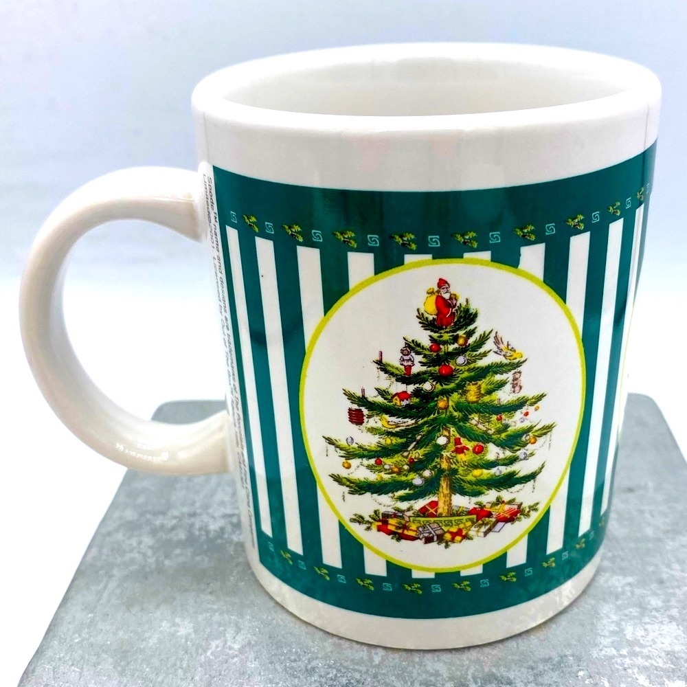 Vintage Spode Green and White Striped With  Christmas Tree (Santa on Top) Mug
